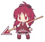  1girl bangs bare_shoulders black_legwear black_ribbon blush boots chibi commentary_request detached_sleeves dress eyebrows_visible_through_hair food food_in_mouth full_body grin hair_ribbon holding holding_spear holding_weapon long_hair long_sleeves looking_at_viewer mahou_shoujo_madoka_magica mouth_hold pink_skirt pleated_skirt pocky polearm purple_hair red_dress red_footwear ribbon rinechun sakura_kyouko simple_background skirt sleeveless sleeveless_dress smile solo spear standing thigh-highs very_long_hair violet_eyes weapon white_background 