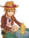  1girl :q absurdres aqua_eyes baba_konomi bag belt binoculars braid brown_coat brown_hair coat cosplay dress_shirt hat hat_ribbon highres idolmaster idolmaster_million_live! indiana_jones indiana_jones_(cosplay) jewelry midriff minata_(axl19941120) necklace pink_shirt ribbon shirt single_braid tied_shirt tongue tongue_out white_background 