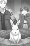  1boy 1girl ayakura_juu cape clenched_teeth craft_lawrence greyscale holding holding_bag holo hood hooded long_hair monochrome novel_illustration official_art outdoors rabbit spice_and_wolf sweatdrop teeth well 