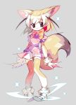  1girl :3 amakusa_(hidorozoa) animal_ears blonde_hair bow bowtie brown_eyes closed_mouth commentary eyebrows_visible_through_hair fennec_(kemono_friends) fox_ears fox_tail fur_trim grey_background kemono_friends multicolored_hair orange_legwear orange_neckwear pink_sweater puffy_short_sleeves puffy_sleeves shoes short_sleeves simple_background solo standing sweater tail thigh-highs white_footwear 
