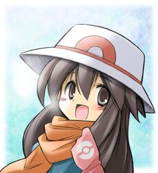  1girl :d bangs blue_(pokemon) blush brown_eyes brown_hair eyebrows eyebrows_visible_through_hair gloves hair_between_eyes hand_up hat long_hair open_mouth orange_scarf pink_gloves poke_ball_theme pokemon pokemon_(game) pokemon_frlg rascal scarf smile solo straight_hair tareme tongue upper_body white_hat 