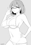  1girl adjusting_eyewear bikini bikini_top breasts glasses greyscale hand_on_hip kichihachi monochrome navel original short_hair swimsuit 