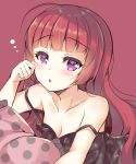  1girl ahoge bare_shoulders blush breasts cleavage commentary_request copyright_request eyebrows_visible_through_hair hand_up highres nightgown parted_lips pillow polka_dot red_background redhead solo suzune_rena violet_eyes 