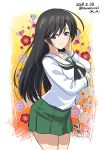  1girl absurdres ahoge bangs black_eyes black_hair black_neckwear blouse breast_hold breasts closed_mouth commentary_request cowboy_shot dated excel_(shena) eyebrows_visible_through_hair floral_background girls_und_panzer green_skirt hand_on_own_face highres isuzu_hana logo long_hair long_sleeves looking_at_viewer miniskirt multicolored multicolored_background neckerchief ooarai_school_uniform outside_border pleated_skirt school_uniform serafuku skirt smile solo standing twitter_username white_blouse 
