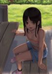  1girl bangs bare_shoulders bench black_hair brown_eyes collarbone commentary_request eyebrows_visible_through_hair fence highres long_hair open_mouth original outdoors parted_bangs pink_footwear ranma_(kamenrideroz) shorts solo tank_top wooden_fence 