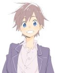  1boy absurdres bangs blue_eyes brown_hair collared_shirt copyright_request donguri_suzume eyebrows_visible_through_hair grin highres jacket looking_at_viewer male_focus open_clothes open_jacket popped_collar purple_jacket shirt simple_background smile solo upper_body white_background white_shirt wing_collar 