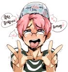  1boy :p ahegao doppel_(pixiv) double_v glasses hat heart heart-shaped_pupils park_jinim_(parkgee) pink_hair real_life shirt solo striped striped_shirt symbol-shaped_pupils tongue tongue_out v 
