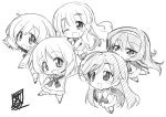  5girls :d ahoge akiyama_yukari artist_name bangs blouse blunt_bangs blush_stickers chibi commentary eyebrows_visible_through_hair girls_und_panzer greyscale hairband isuzu_hana long_hair long_sleeves looking_at_viewer looking_back messy_hair miniskirt monochrome multiple_girls neckerchief nishizumi_miho one_eye_closed ooarai_school_uniform open_mouth pleated_skirt reizei_mako school_uniform serafuku shoes short_hair signature sketch skirt smile socks standing take_shinobu takebe_saori thigh-highs 