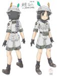  1girl blush boots bucket_hat camouflage_trim crossover eyebrows_visible_through_hair fanny_pack feathers from_behind gaketsu gloves hat highres japari_symbol kemono_friends khakis looking_at_viewer nichijou shinonome_nano short_hair short_sleeves shorts smile socks solo translated winding_key 
