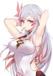  1girl arm_behind_head armpits arms_up bangs benghuai_xueyuan breasts character_request closed_mouth commentary_request covered_navel eyebrows_visible_through_hair fu_hua hair_ornament halterneck highres honkai_impact large_breasts liu_lan long_hair looking_at_viewer mouth_hold multicolored_hair o-ring pink_eyes red_eyes shiny shiny_clothes shiny_hair silver_hair simple_background sleeveless solo swept_bangs taut_clothes two-tone_hair upper_body very_long_hair white_background 
