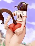  1girl adjusting_buruma adjusting_clothes animal_ears ass back brown_hair buruma dripping from_behind from_below highres horse_ears horse_tail materclaws red_buruma short_hair solo special_week sweat sweating tail umamusume 