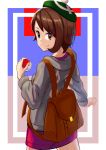  1girl absurdres backpack bag bangs brown_eyes brown_hair cardigan closed_mouth commentary_request cowboy_shot creatures_(company) eyebrows_visible_through_hair female_protagonist_(pokemon_swsh) game_freak green_hat hat highres holding holding_poke_ball long_sleeves looking_at_viewer nintendo poke_ball poke_ball_(generic) pokemon pokemon_(game) pokemon_swsh shirt short_hair smile solo standing tam_o&#039;_shanter tsunaho_kn 
