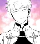  1boy archer bangs closed_eyes closed_mouth eyebrows_visible_through_hair fate/stay_night fate_(series) head_tilt highres jacket limited_palette male_focus sad_smile smile solo takashi_(onikukku) 