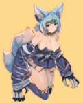  1girl animal_ears bare_shoulders blue_dress blue_hair blush bow_(bhp) breasts claws cleavage closed_mouth commentary_request detached_collar detached_sleeves dress eyebrows_visible_through_hair fox_ears fox_tail green_eyes large_breasts long_sleeves looking_at_viewer monster_girl original purple_legwear short_hair simple_background smile solo tail thigh-highs yellow_background 