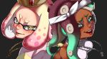  2girls back-to-back bandanna bare_shoulders blurry breasts crown dark_skin depth_of_field domino_mask fang headphones highres hime_(splatoon) iida_(splatoon) jewelry komori_hiki looking_at_viewer mask mini_crown mole mole_under_mouth multiple_girls necklace shirt smile splatoon splatoon_2 splatoon_2:_octo_expansion sweater_vest teeth tentacle_hair 