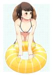  1girl :&gt; barefoot bikini black_hair breasts brown_eyes full_body hat innertube kantai_collection looking_to_the_side miyuki_(kantai_collection) polka_dot polka_dot_background short_hair side-tie_bikini small_breasts solo squatting sun_hat swimsuit tanaka_io_(craftstudio) white_background white_bikini 