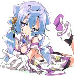  1boy blue_hair detached_collar gloves hacka_doll hacka_doll_3 ixy long_hair lying on_stomach simple_background solo trap violet_eyes 