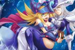  2girls :d a-er_(akkij0358) bare_shoulders blonde_hair blue_dress blush_stickers breasts card cleavage dark_magician_girl dress duel_monster erect_nipples floating green_eyes habit hair_between_eyes helmet holding holding_card large_breasts long_hair looking_at_viewer multiple_girls open_mouth open_pants pants red_eyes silent_magician silver_hair smile yu-gi-oh! 