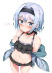  1girl absurdres bangs bikini black_bikini black_choker black_hairband blue_eyes blue_hair blush choker closed_mouth commentary_request frilled_bikini frills groin hair_between_eyes hair_ornament hairband halter_top halterneck highres long_sleeves navel nedia_(nedia_region) ryuuou_no_oshigoto! short_hair simple_background snowflake_hair_ornament solo sora_ginko standing swimsuit translation_request v-shaped_eyebrows white_background 