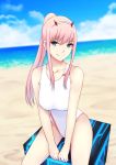  1girl aqua_eyes bangs beach between_legs box breasts clouds cloudy_sky collarbone darling_in_the_franxx eyebrows_visible_through_hair freonclayr hairband hand_between_legs horns long_hair ocean pink_hair ponytail sidelocks sitting sitting_on_box sky smile solo swimsuit white_hairband white_swimsuit zero_two_(darling_in_the_franxx) 