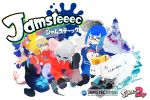  1boy 1girl black_footwear blonde_hair blue_eyes blue_hair closed_mouth commentary_request copyright_name domino_mask fish inkling jamstec light_smile mask official_art one_eye_closed ship sidelocks simple_background smile splatoon splatoon_2 submarine tentacle_hair violet_eyes watercraft white_background 