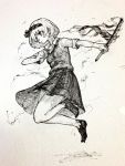  1girl bangs bow closed_mouth commentary_request full_body hair_bow highres holding holding_sword holding_weapon konpaku_youmu looking_to_the_side mashimashi monochrome pleated_skirt shoes short_hair short_sleeves skirt skirt_set solo sword touhou traditional_media weapon 