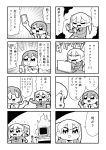  2girls 4koma :d bangs bkub blank_eyes blazer burning closed_eyes comic computer emphasis_lines eyebrows_visible_through_hair greyscale hair_ornament hairclip heart highres holding holding_phone index_finger_raised jacket keyboard kurei_kei laptop monitor monochrome multiple_girls necktie one_eye_closed open_mouth phone programming_live_broadcast pronama-chan shirt short_hair simple_background skirt smile speech_bubble speed_lines sweatdrop table talking translation_request twintails two-tone_background typing undone_necktie 