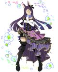  1girl ;) animal_ears black_footwear black_ribbon black_shorts blue_scarf boots brown_eyes dress elbow_gloves floating_hair flower fox_ears full_body gloves hair_ribbon hand_on_hip head_tilt jewelry layered_dress log_horizon long_hair looking_at_viewer nazuna_(log_horizon) necklace official_art one_eye_closed purple_hair ribbon scarf short_shorts shorts smile solo standing striped striped_scarf thigh-highs thigh_boots transparent_background v very_long_hair white_flower white_gloves 