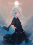  1girl bangs black_dress blue_eyes blue_hair closed_mouth commentary_request dress eyebrows_visible_through_hair highres kisei2 long_hair long_sleeves looking_at_viewer original outstretched_arm reaching_out smile solo standing wide_sleeves 