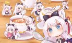  1girl :&lt; :3 absurdres animal_ears azur_lane black_bow blue_eyes bow cat_hair_ornament chibi clone cup drooling eating eyebrows_visible_through_hair eyes_visible_through_hair flying_sweatdrops food food_on_face food_on_head hair_bow hair_ornament hair_ribbon hammann_(azur_lane) heart heart-shaped_pupils highres long_hair looking_at_viewer macaron minigirl musical_note nut_megu object_on_head open_mouth pantyhose pouring remodel_(azur_lane) ribbon saucer sitting sparkle sparkling_eyes spoon sugar_cube symbol-shaped_pupils teacup teapot triangle_mouth white_hair white_legwear 