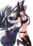  1girl animal_ears bangs bell black_hair blunt_bangs blush breasts cleavage commentary_request dual_wielding eyebrows_visible_through_hair granblue_fantasy hair_bell hair_ornament hair_ribbon holding holding_sword holding_weapon large_breasts looking_at_viewer navel o-ring panties red_eyes red_ribbon reverse_grip ribbon simple_background smile solo stirrup_legwear sword tail thigh-highs underwear wasabi60 weapon white_background wolf_ears wolf_tail yuel_(granblue_fantasy) 