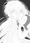  1boy black_background card_captor_sakura character_request commentary eyebrows_visible_through_hair greyscale hair_between_eyes kanapy long_hair male_focus monochrome parted_lips simple_background solo 