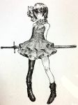  1girl arms_behind_back asymmetrical_legwear bangs blush boots bow closed_mouth earrings full_body hair_bow highres jewelry looking_at_viewer mashimashi monochrome original short_hair sleeveless smile socks solo standing sword thigh-highs traditional_media weapon 