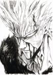  1boy absurdres blood closed_mouth garou_(one-punch_man) greyscale highres monochrome murata_yuusuke official_art one-punch_man page_number scar serious solo veins 