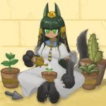  1girl alternate_costume animal_ears anubis_(monster_girl_encyclopedia) artist_request barefoot closed_mouth commentary_request commission dress egyptian fewer_digits green_eyes green_hair hair_ornament holding indian_style long_dress monster_girl monster_girl_encyclopedia necktie paws plant pot potted_plant sand sitting smile snake_hair_ornament solo tail watering watering_can white_dress wolf_ears wolf_tail 