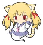  1girl angel_beats! animal_ears bangs blonde_hair blush_stickers cat_ears cat_girl cat_tail character_request chibi closed_mouth commentary_request emil_chronicle_online eyebrows_visible_through_hair full_body ghost_tail hair_ribbon hand_up long_hair long_sleeves looking_at_viewer pleated_skirt purple_skirt red_eyes red_ribbon ribbon rinechun school_uniform serafuku shirt sidelocks simple_background skirt solo tail twintails white_background white_shirt yusa_(angel_beats!) 