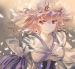  1girl breasts cleavage closed_mouth commentary_request dress elise_(piclic) hat highres large_breasts light_brown_hair looking_at_viewer mob_cap petals saigyouji_yuyuko solo touhou white_dress white_hair 