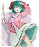  1girl :o animal_ears arm_up bamboo_broom broom dog_ears dosh dress eyebrows_visible_through_hair green_dress green_eyes green_hair hand_on_forehead holding kasodani_kyouko long_sleeves looking_at_viewer medium_hair open_mouth pink_shirt puffy_sleeves shadow shirt simple_background solo touhou transparent_background 
