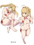  1girl adjusting_clothes adjusting_swimsuit ahoge anklet bangs bare_shoulders barefoot bikini blonde_hair blush bracelet breasts collarbone dated earrings eyebrows_visible_through_hair fate/extra fate/grand_order fate_(series) feet green_eyes jewelry knee_to_chest large_breasts long_hair looking_at_viewer looking_to_the_side michihasu navel nero_claudius_(fate) nero_claudius_(fate)_(all) nero_claudius_(swimsuit_caster)_(fate) open_mouth saber_extra side-tie_bikini simple_background string_bikini striped striped_bikini swimsuit thighs twintails white_background 