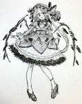  1girl alternate_hairstyle bangs blush bow flandre_scarlet full_body hat high_heels highres jewelry juliet_sleeves long_hair long_sleeves looking_at_viewer mashimashi mob_cap monochrome puffy_sleeves ring solo standing touhou traditional_media twintails very_long_hair 
