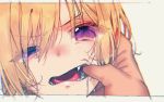  1girl blonde_hair blush commentary_request eyebrows_visible_through_hair eyes_visible_through_hair fangs half-closed_eyes idolmaster idolmaster_shiny_colors looking_at_viewer mouth mozu_1oo nose_blush open_mouth pov pov_hands saijou_juri saliva solo tongue violet_eyes 