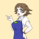  apron blue_eyes blush breasts brown_hair commentary commentary_request dodo_(yad-ddi) earrings gundam gundam_build_divers gunpla highres jewelry large_breasts nanase_nanami_(gundam_build_divers) pointing short_hair stud_earrings upper_body winking 