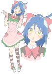  1girl :d :o absurdres ahoge asymmetrical_legwear bangs blue_hair blush bow bowtie collared_shirt donguri_suzume double_v dress eyebrows_visible_through_hair fang gloves green_eyes green_footwear hair_bow hands_up head_tilt highres horizontal-striped_legwear horizontal_stripes multicolored multicolored_eyes multiple_views open_mouth original pink_gloves red_bow red_neckwear shirt shoe_bow shoes simple_background smile striped striped_legwear v white_background wing_collar yellow_eyes 