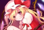  1girl blonde_hair blush commentary_request fang flandre_scarlet from_side grin hat highres long_hair looking_at_viewer mob_cap neck_ribbon puffy_short_sleeves puffy_sleeves purple_background red_eyes red_ribbon red_vest ribbon short_sleeves simple_background smile solo touhou vanilla_(miotanntann) vest wings 