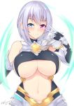  1girl armor bare_shoulders black_gloves blue_eyes blush breasts commentary_request copyright_request elbow_gloves gauntlets genderswap gloves granblue_fantasy grimnir hand_up heterochromia kuavera large_breasts lavender_hair navel pink_eyes pointy_ears short_hair signature smile solo twitter_username under_boob v white_background 