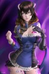  1girl absurdres artist_name bloodstained:_ritual_of_the_night blue_eyes brown_hair gauntlets gradient_hair hair_between_eyes highres horns looking_at_viewer miriam_(bloodstained) multicolored_hair ragecndy short_hair single_gauntlet solo tattoo 