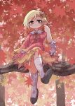  1girl aki_shizuha autumn_leaves blonde_hair brown_footwear dress full_body holding holding_leaf in_tree leaf looking_down maple_leaf peku_(science_santa-san) red_dress sitting sitting_in_tree socks solo touhou tree tree_branch white_legwear yellow_eyes 