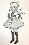  1girl alternate_costume bangs boots bow bowtie capelet cirno closed_mouth full_body hair_bow hands_on_hips highres ice ice_wings knee_boots long_sleeves looking_at_viewer mashimashi monochrome short_hair skirt smile solo standing touhou traditional_media wings 