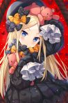  1girl :&lt; abigail_williams_(fate/grand_order) arm_up bangs black_bow black_dress black_hat blonde_hair blue_eyes blush bow butterfly closed_mouth commentary_request dress eyebrows_visible_through_hair fate/grand_order fate_(series) forehead hat head_tilt hitsukuya insect long_hair long_sleeves looking_at_viewer noose object_hug on_head orange_bow parted_bangs red_background rope sleeves_past_fingers sleeves_past_wrists solo stuffed_animal stuffed_toy teddy_bear very_long_hair 