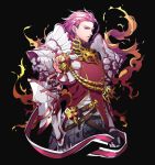  1boy belt black_background breastplate character_request commentary_request faulds fire gauntlets granblue_fantasy hair_slicked_back highres light_smile pauldrons pink_hair plate_armor red_eyes simple_background solo tenobe upper_body 
